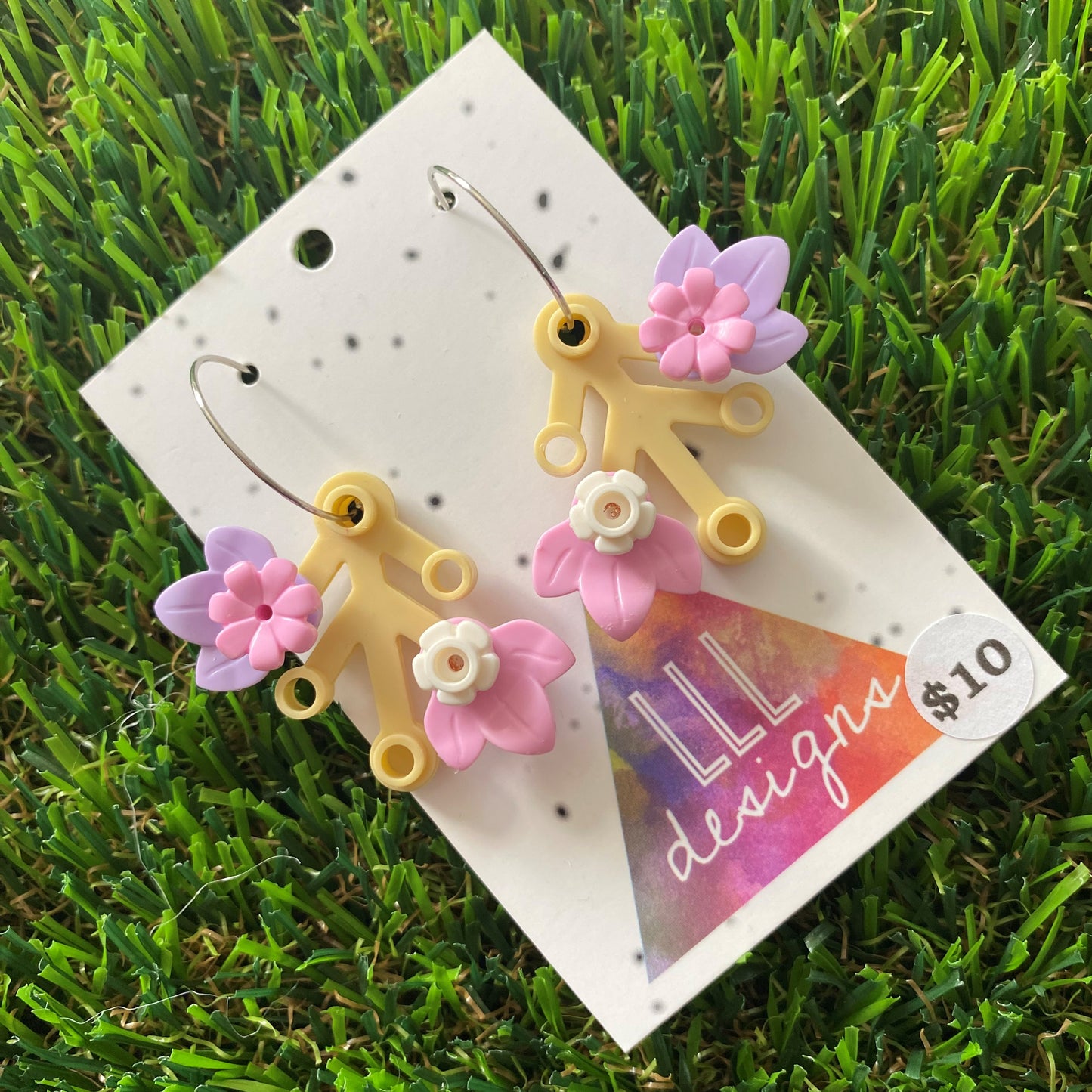 Floral Earrings - #5 Medium Botanical Hoop Dangle Earrings - Cream Leaves Featuring Pops of Lavender + Light Pink & Light Pink + White.