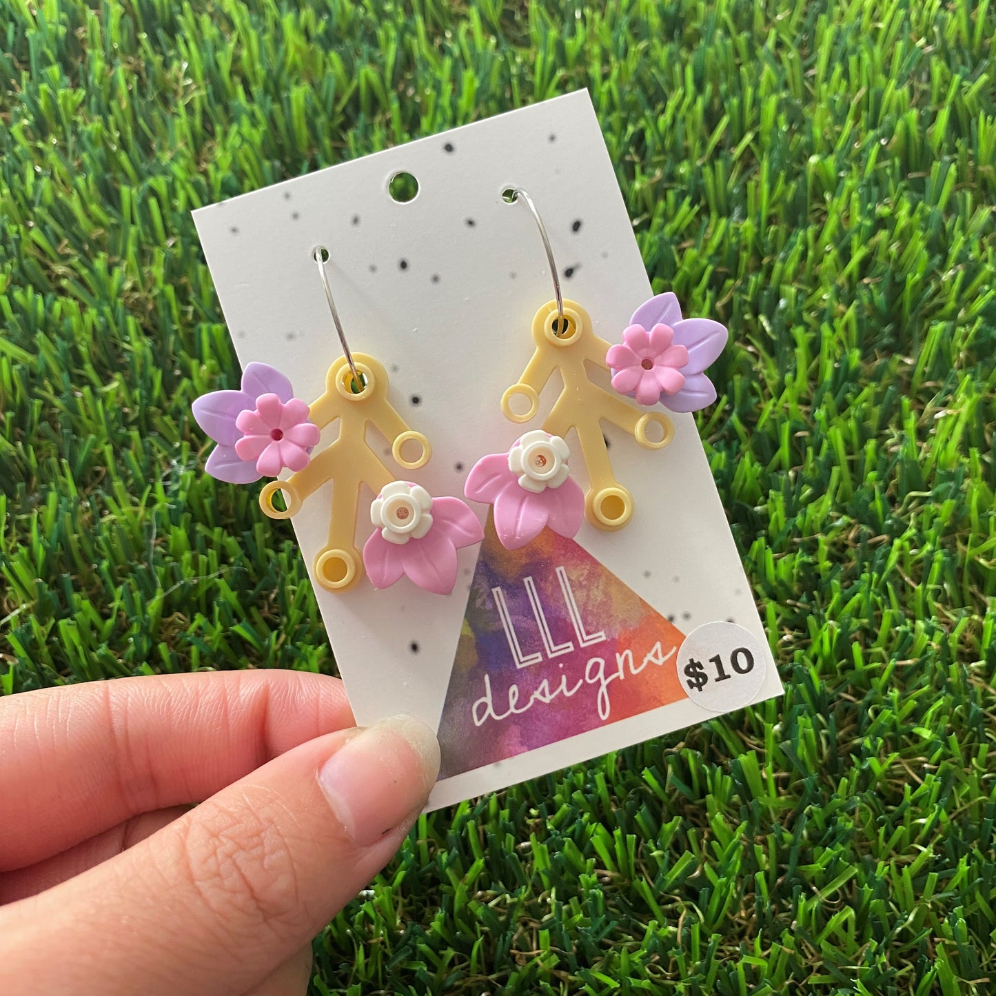 Floral Earrings - #5 Medium Botanical Hoop Dangle Earrings - Cream Leaves Featuring Pops of Lavender + Light Pink & Light Pink + White.