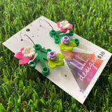 Floral Earrings - #6 Medium Botanical Hoop Dangle Earrings - Green Leaves Featuring Pops of Dark Pink + White & Light Green + Lavender.