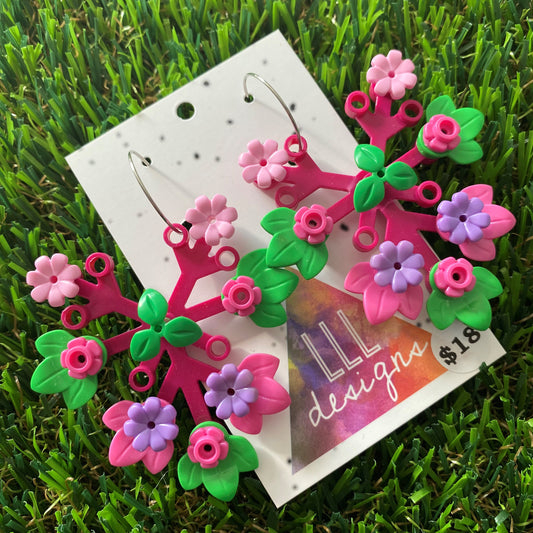 Floral Earrings - #11 - MEGA STATEMENT - Large Botanical Hoop Dangle Earrings - Dark Pink Leaves Featuring Pops of Light Pink, Dark Pink, Lavender and Bright Green. Plus a Green Twig!