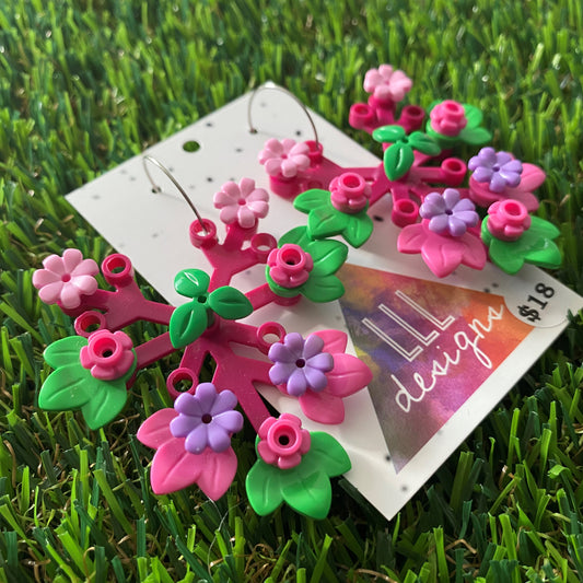 Floral Earrings - #11 - MEGA STATEMENT - Large Botanical Hoop Dangle Earrings - Dark Pink Leaves Featuring Pops of Light Pink, Dark Pink, Lavender and Bright Green. Plus a Green Twig!