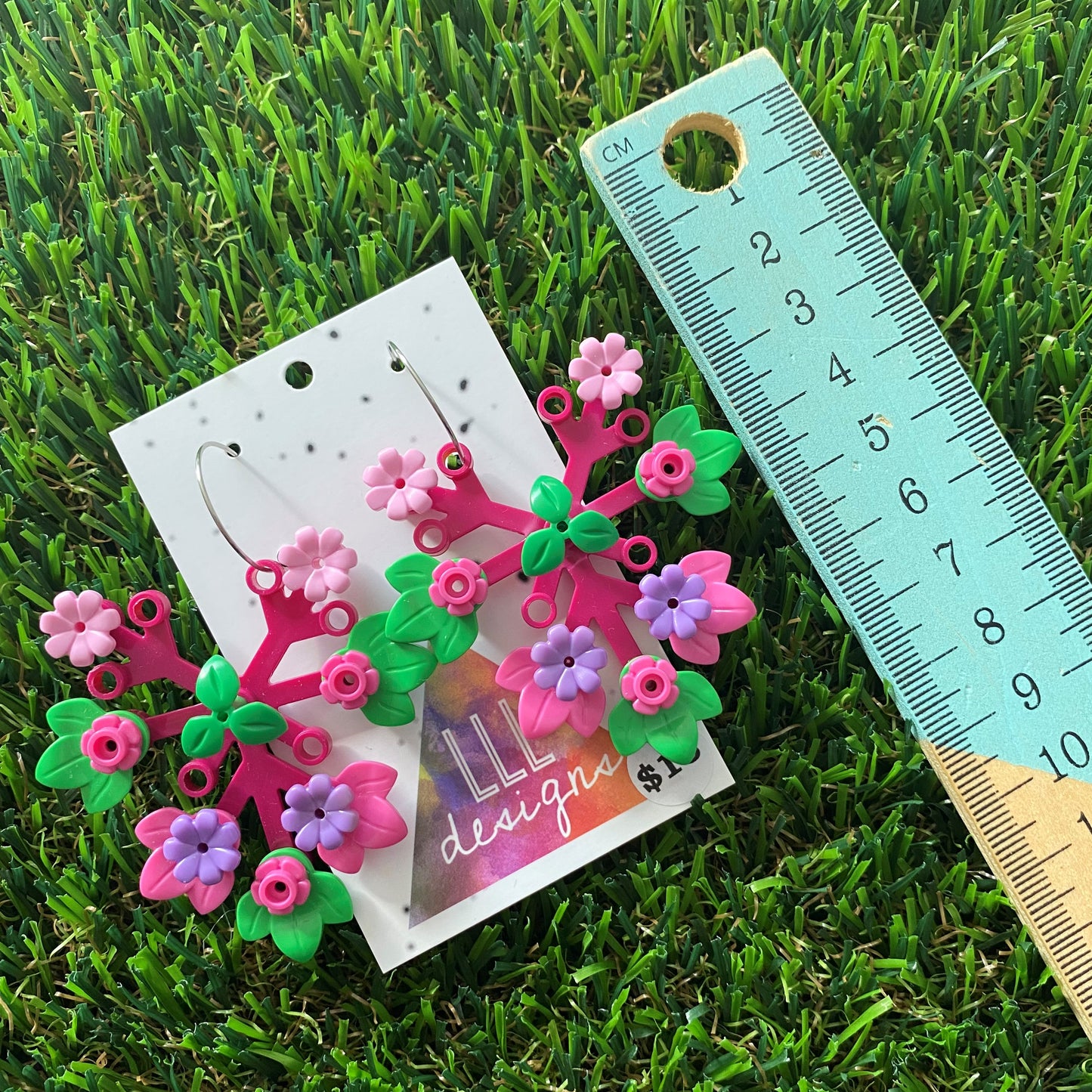 Floral Earrings - #11 - MEGA STATEMENT - Large Botanical Hoop Dangle Earrings - Dark Pink Leaves Featuring Pops of Light Pink, Dark Pink, Lavender and Bright Green. Plus a Green Twig!