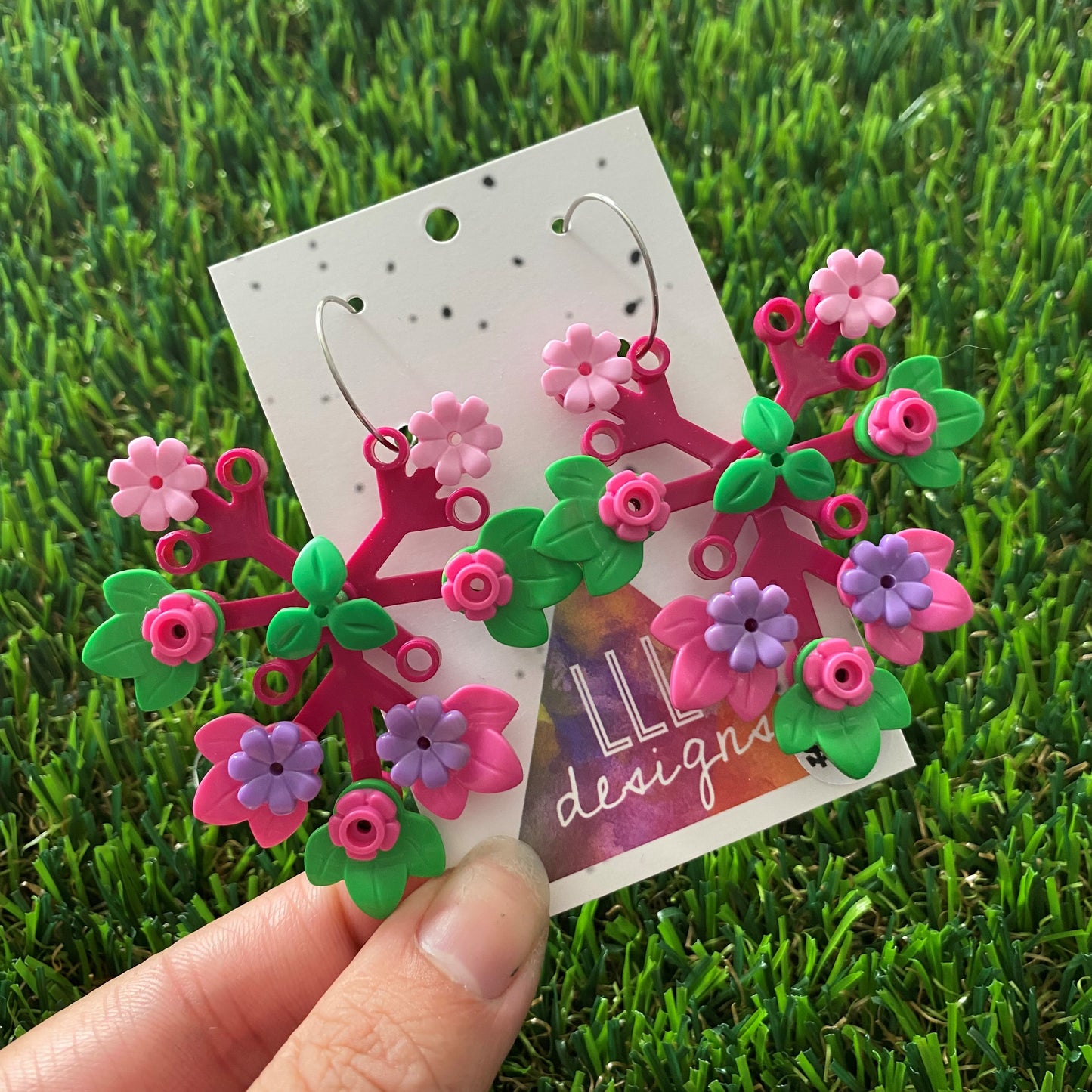 Floral Earrings - #11 - MEGA STATEMENT - Large Botanical Hoop Dangle Earrings - Dark Pink Leaves Featuring Pops of Light Pink, Dark Pink, Lavender and Bright Green. Plus a Green Twig!