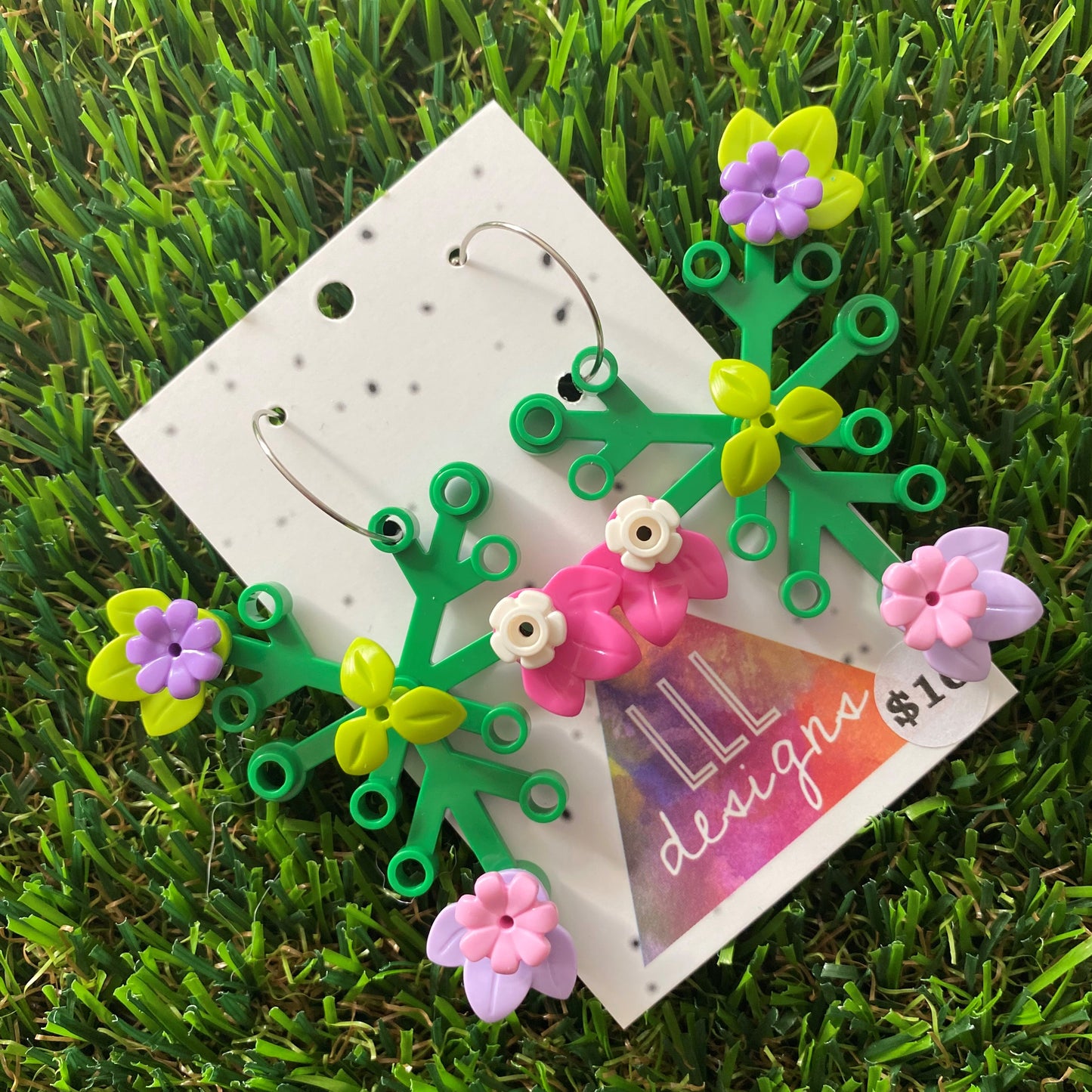 Floral Earrings - #8 Large Botanical Hoop Dangle Earrings - Green Leaves Featuring Pops of Light Green + Purple, Dark Pink + White & Lavender + Light Pink, Plus a Light Green Twig!