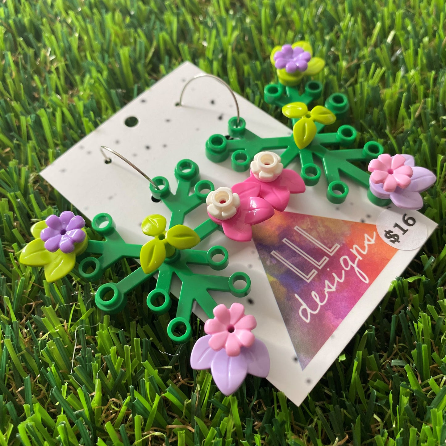 Floral Earrings - #8 Large Botanical Hoop Dangle Earrings - Green Leaves Featuring Pops of Light Green + Purple, Dark Pink + White & Lavender + Light Pink, Plus a Light Green Twig!