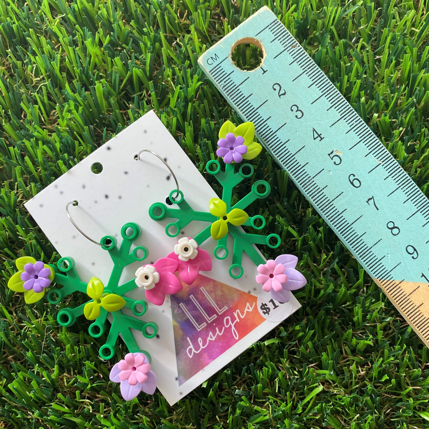 Floral Earrings - #8 Large Botanical Hoop Dangle Earrings - Green Leaves Featuring Pops of Light Green + Purple, Dark Pink + White & Lavender + Light Pink, Plus a Light Green Twig!