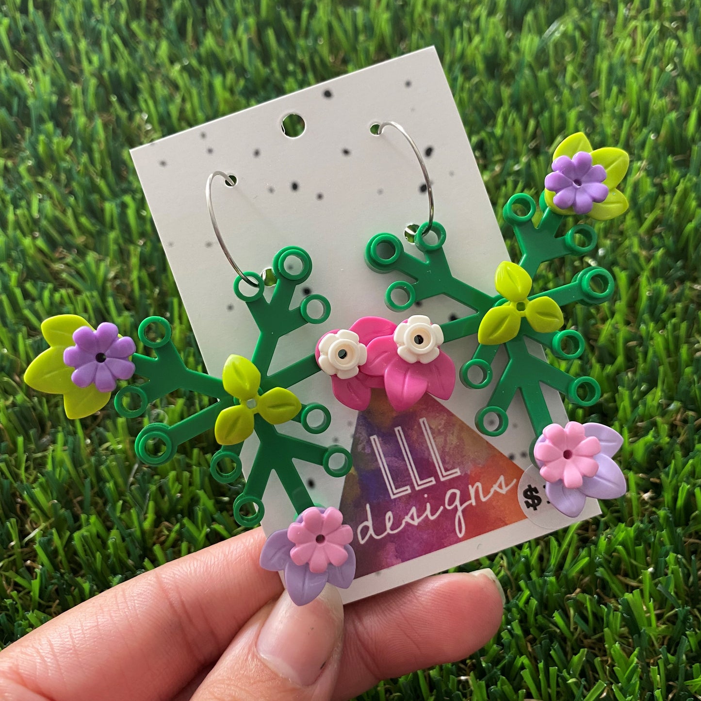 Floral Earrings - #8 Large Botanical Hoop Dangle Earrings - Green Leaves Featuring Pops of Light Green + Purple, Dark Pink + White & Lavender + Light Pink, Plus a Light Green Twig!