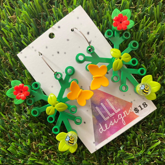 Floral Earrings - #12 Large Botanical Hoop Dangle Earrings - Green Leaves Featuring Pops of Green + Red, Light Green + a Super Cute Buzzy Bee & an Orange Butterfly, Plus a Light Green Twig!