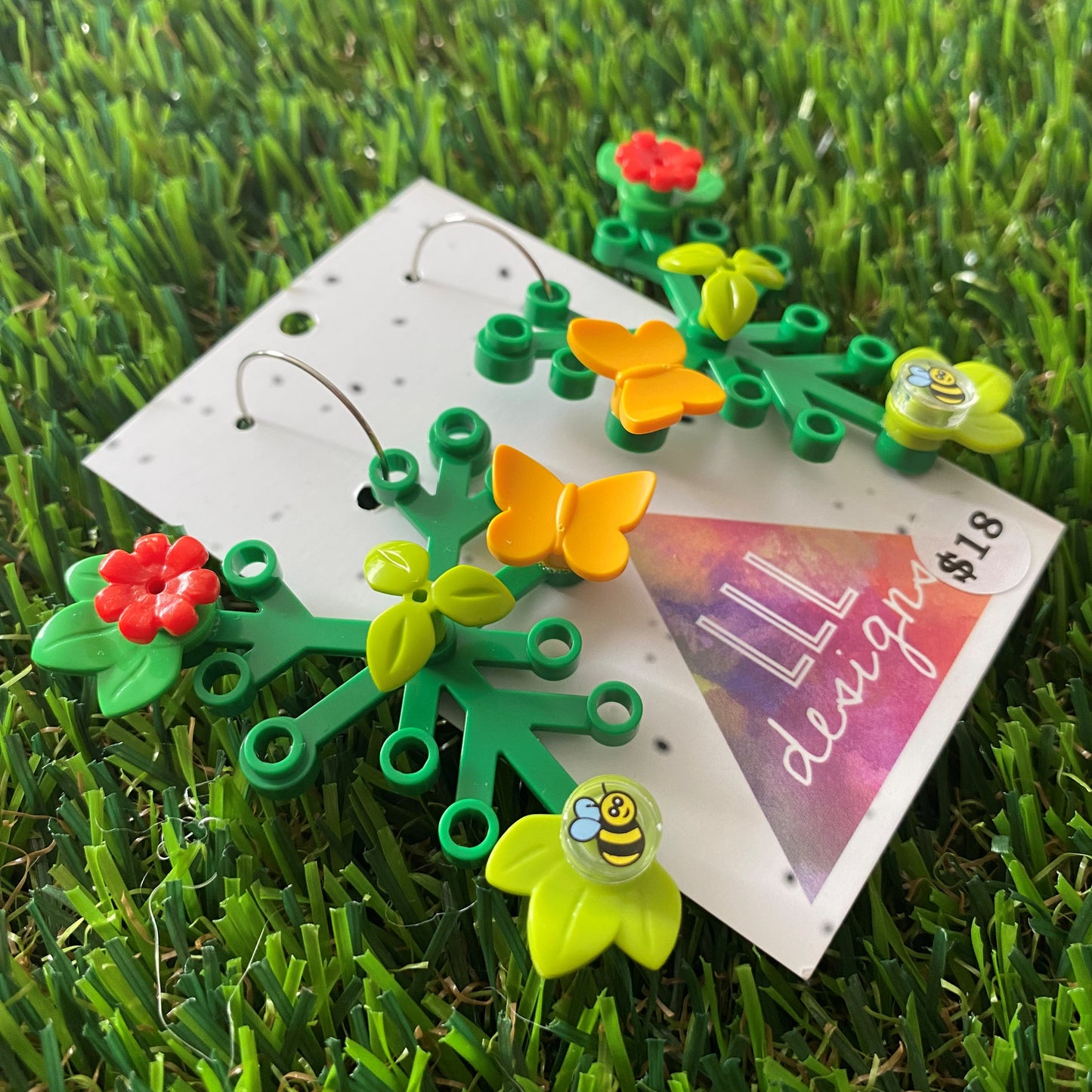 Floral Earrings - #12 Large Botanical Hoop Dangle Earrings - Green Leaves Featuring Pops of Green + Red, Light Green + a Super Cute Buzzy Bee & an Orange Butterfly, Plus a Light Green Twig!