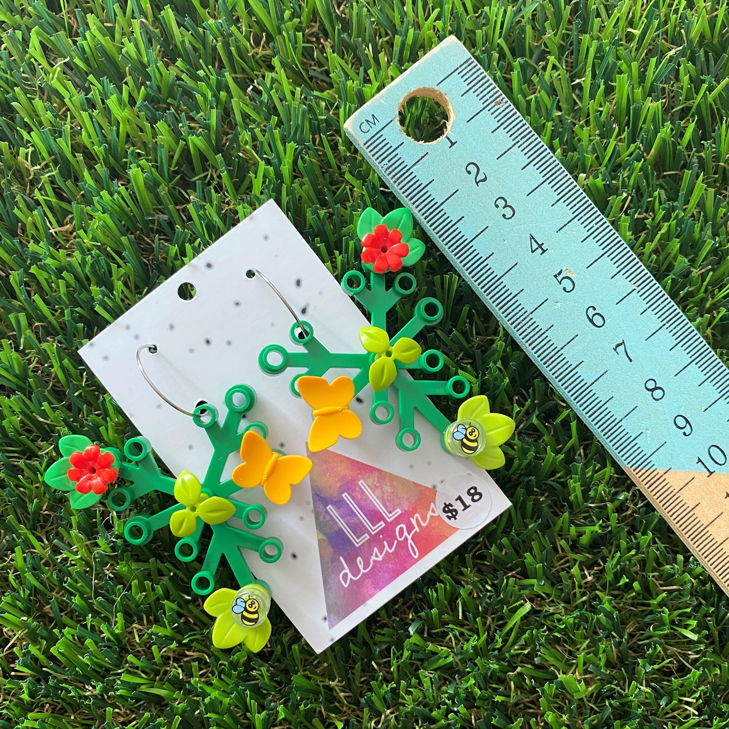 Floral Earrings - #12 Large Botanical Hoop Dangle Earrings - Green Leaves Featuring Pops of Green + Red, Light Green + a Super Cute Buzzy Bee & an Orange Butterfly, Plus a Light Green Twig!