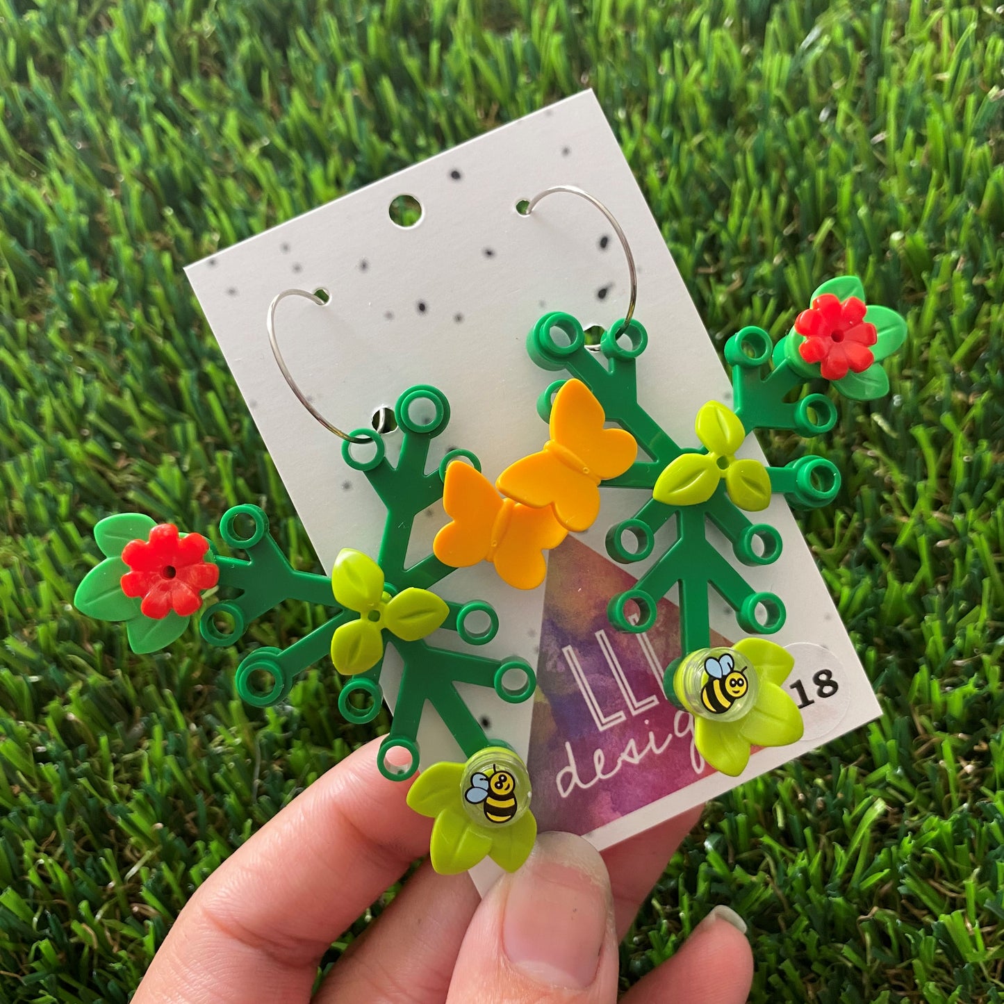 Floral Earrings - #12 Large Botanical Hoop Dangle Earrings - Green Leaves Featuring Pops of Green + Red, Light Green + a Super Cute Buzzy Bee & an Orange Butterfly, Plus a Light Green Twig!