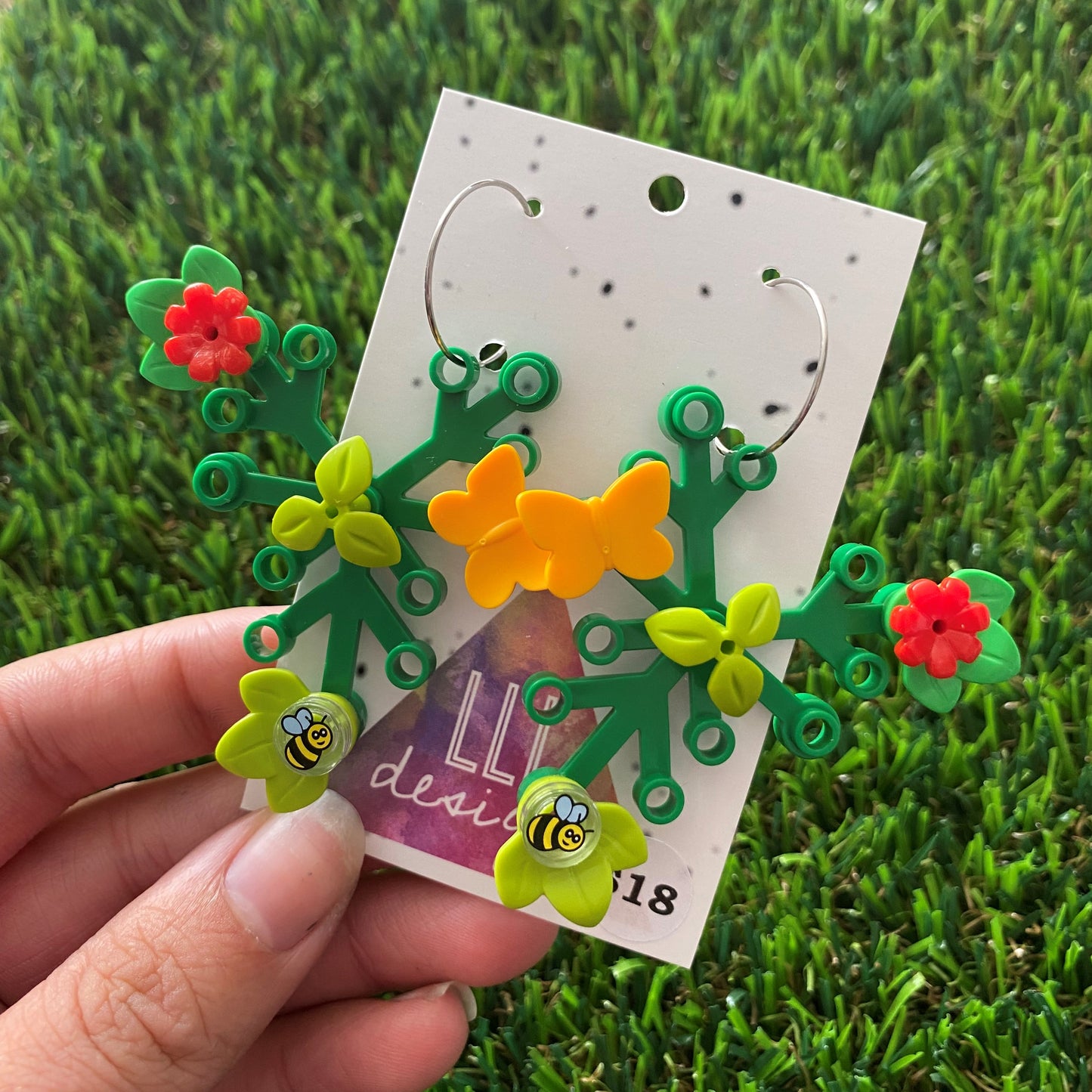 Floral Earrings - #12 Large Botanical Hoop Dangle Earrings - Green Leaves Featuring Pops of Green + Red, Light Green + a Super Cute Buzzy Bee & an Orange Butterfly, Plus a Light Green Twig!