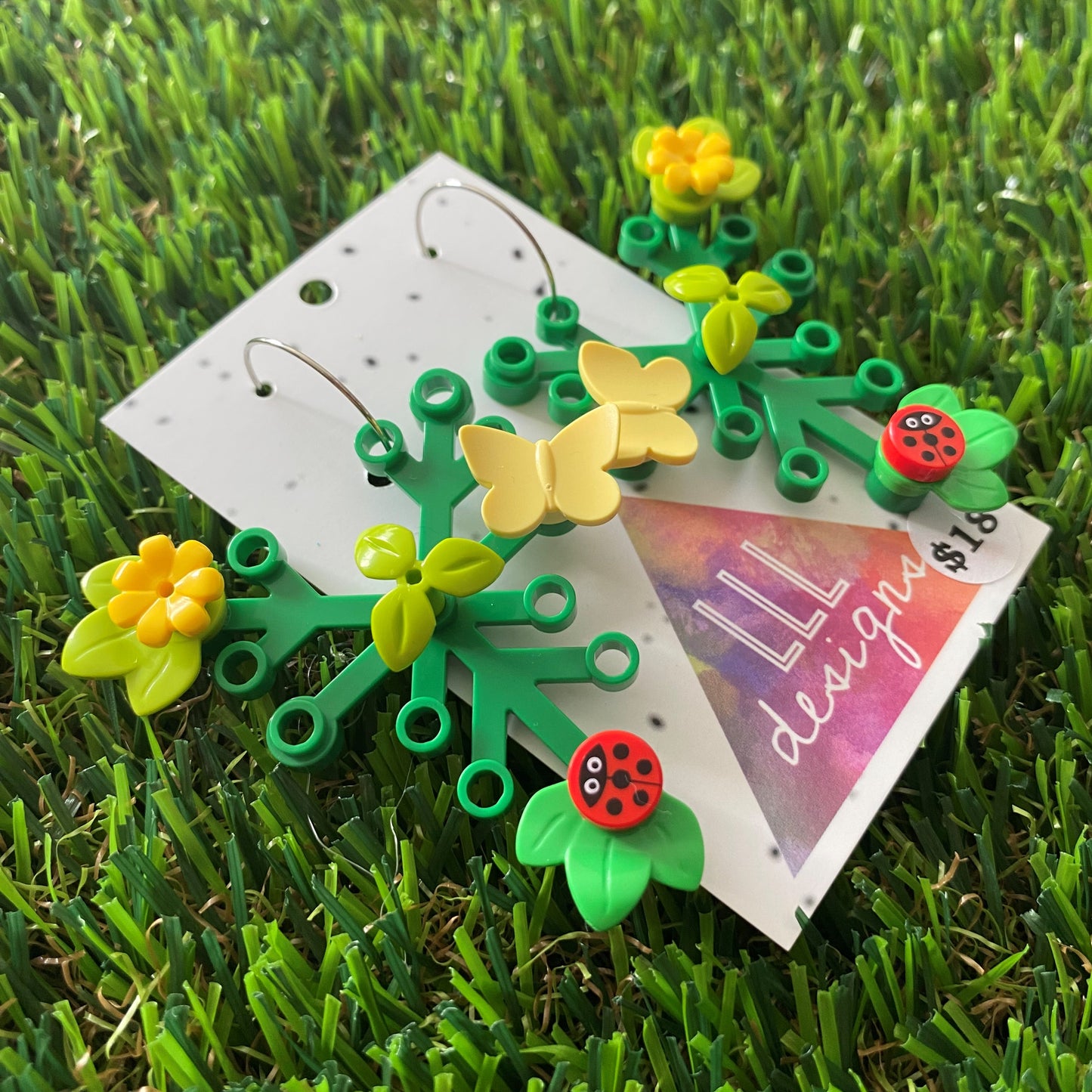 Floral Earrings - #13 Large Botanical Hoop Dangle Earrings - Green Leaves Featuring Pops of Green + Yellow, Light Green + an adorable Lady Beetle & a lemon Butterfly, Plus a Light Green Twig!