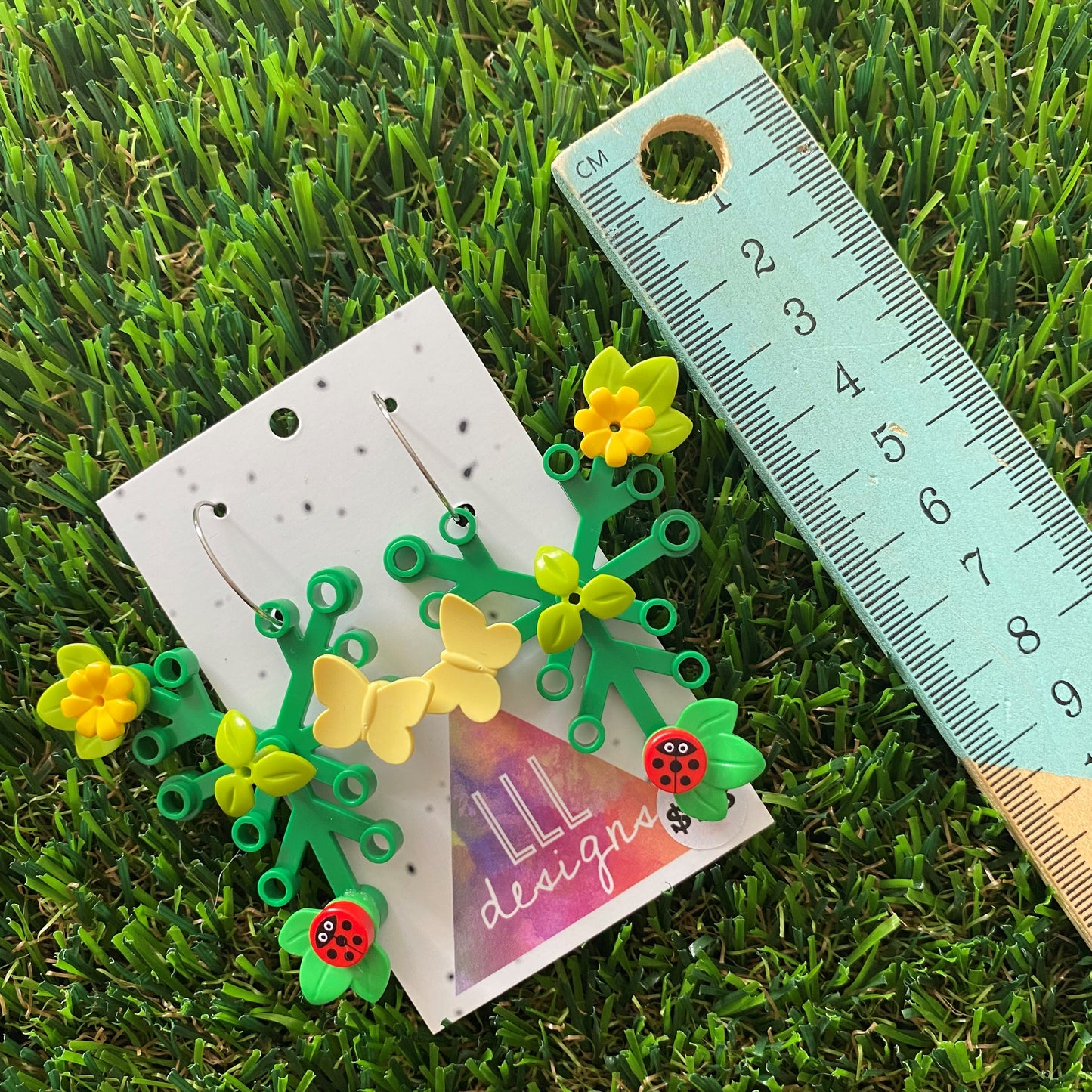 Floral Earrings - #13 Large Botanical Hoop Dangle Earrings - Green Leaves Featuring Pops of Green + Yellow, Light Green + an adorable Lady Beetle & a lemon Butterfly, Plus a Light Green Twig!