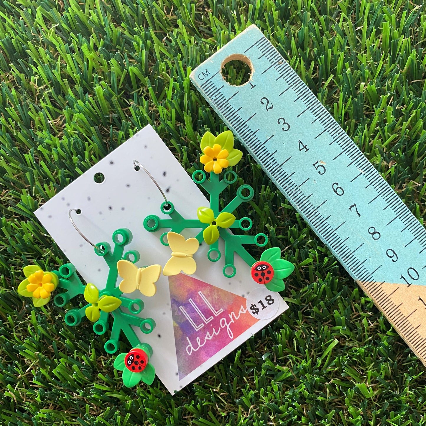 Floral Earrings - #13 Large Botanical Hoop Dangle Earrings - Green Leaves Featuring Pops of Green + Yellow, Light Green + an adorable Lady Beetle & a lemon Butterfly, Plus a Light Green Twig!