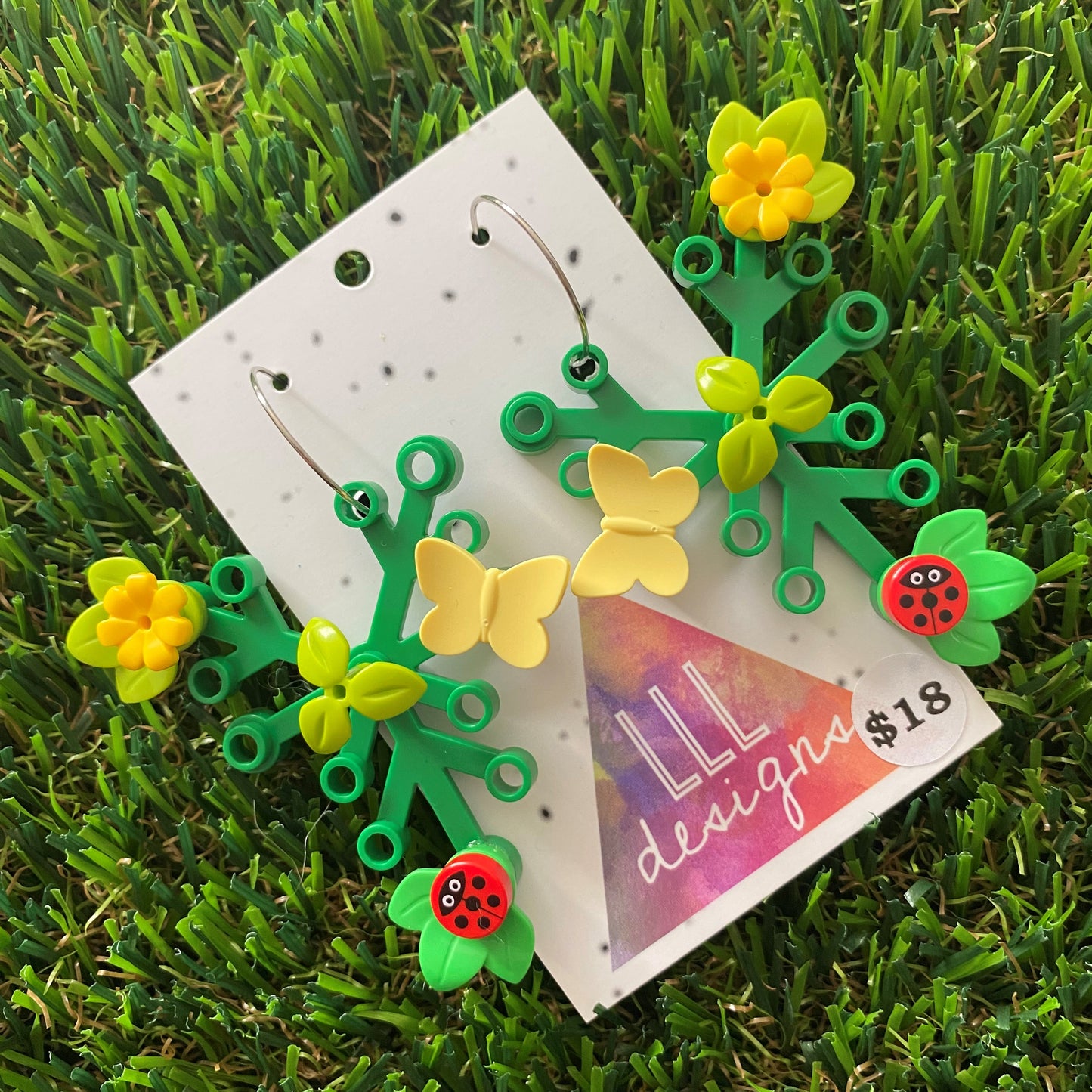 Floral Earrings - #13 Large Botanical Hoop Dangle Earrings - Green Leaves Featuring Pops of Green + Yellow, Light Green + an adorable Lady Beetle & a lemon Butterfly, Plus a Light Green Twig!