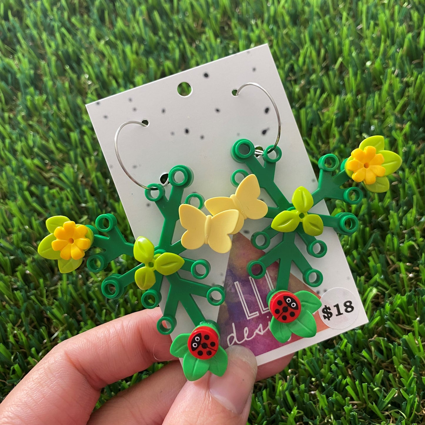 Floral Earrings - #13 Large Botanical Hoop Dangle Earrings - Green Leaves Featuring Pops of Green + Yellow, Light Green + an adorable Lady Beetle & a lemon Butterfly, Plus a Light Green Twig!