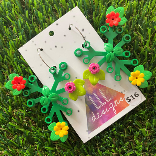 Floral Earrings - #10 Large Botanical Hoop Dangle Earrings - Green Leaves Featuring Pops of Green + Red, Light Green + Dark Pink & Bright Green + Yellow, Plus a Green Twig!