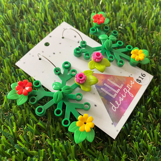 Floral Earrings - #10 Large Botanical Hoop Dangle Earrings - Green Leaves Featuring Pops of Green + Red, Light Green + Dark Pink & Bright Green + Yellow, Plus a Green Twig!