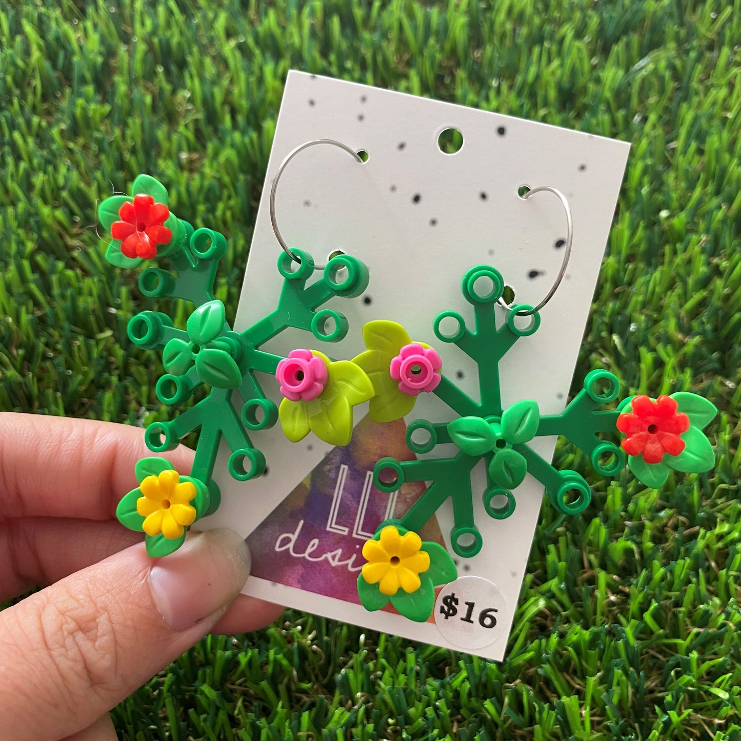 Floral Earrings - #10 Large Botanical Hoop Dangle Earrings - Green Leaves Featuring Pops of Green + Red, Light Green + Dark Pink & Bright Green + Yellow, Plus a Green Twig!