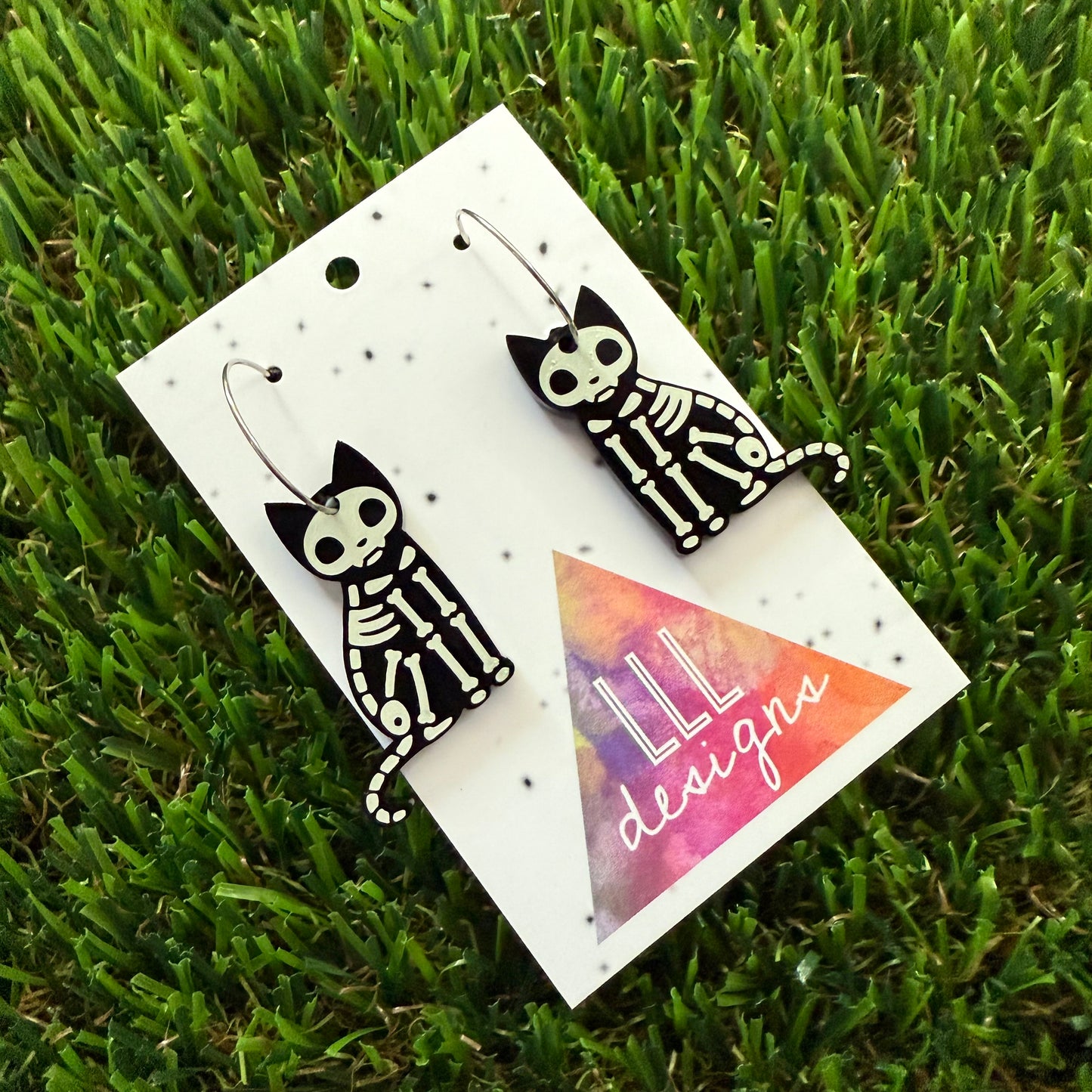Cat Earrings - Skeleton Cat Hoop Earrings (Small)