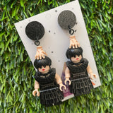 Wednesday Dress Dangle Earrings (black) - Halloween Earrings - Brick Person Earrings - Featuring Black Glitz Tops.