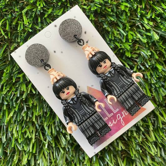 Wednesday School Uniform Dangle Earrings (Black) - Halloween Earrings - Brick Person Earrings - Featuring Black Glitz Tops.