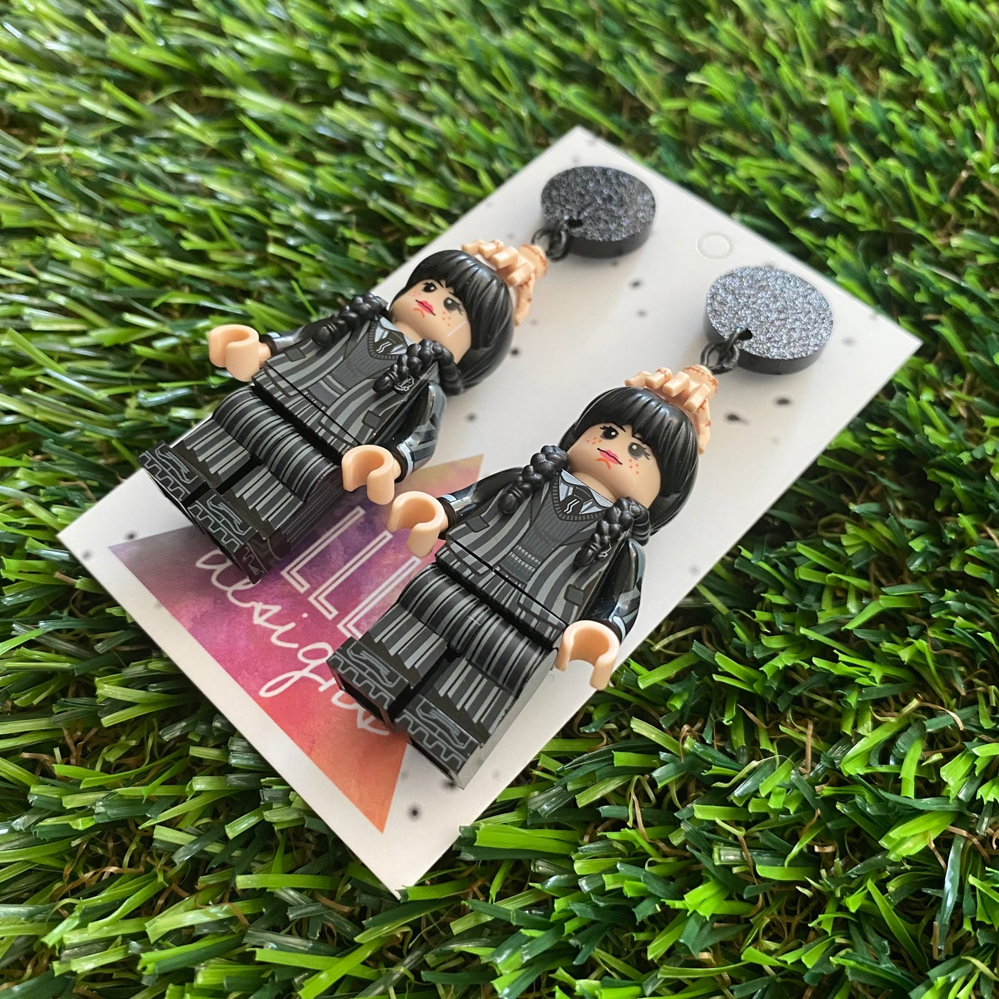 Wednesday School Uniform Dangle Earrings (Black) - Halloween Earrings - Brick Person Earrings - Featuring Black Glitz Tops.