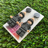Wednesday School Uniform Dangle Earrings (Black) - Halloween Earrings - Brick Person Earrings - Featuring Black Glitz Tops.