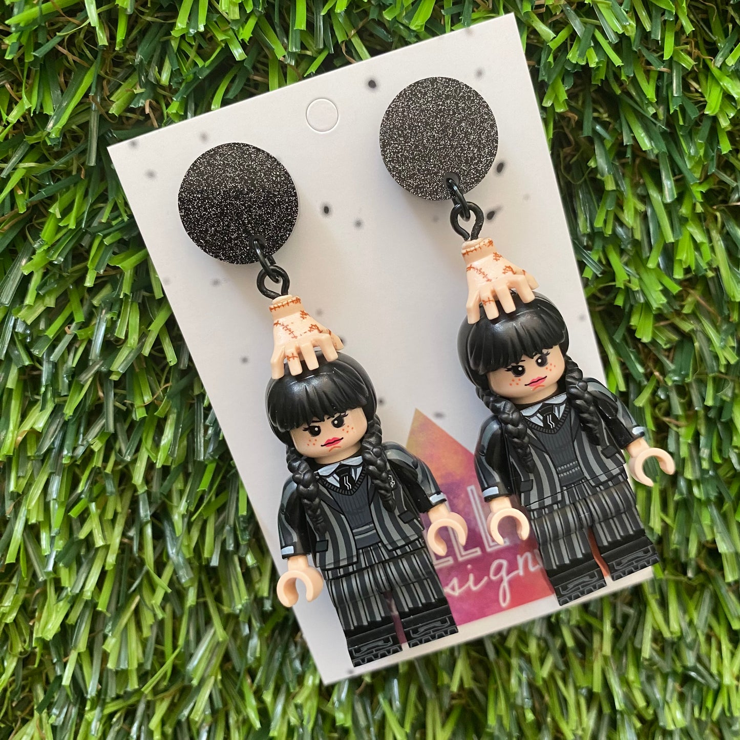 Wednesday School Uniform Dangle Earrings (Black) - Halloween Earrings - Brick Person Earrings - Featuring Black Glitz Tops.