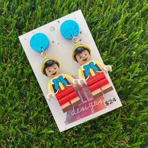 Puppet Boy Brick Character Dangle Earrings - Featuring a Glittery Blue Top!