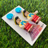 Puppet Boy Brick Character Dangle Earrings - Featuring a Glittery Blue Top!