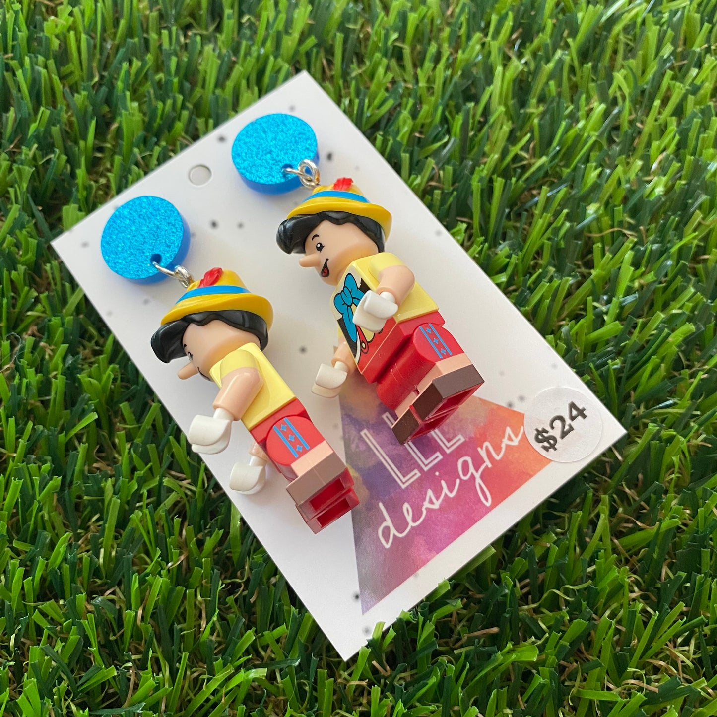 Puppet Boy Brick Character Dangle Earrings - Featuring a Glittery Blue Top!
