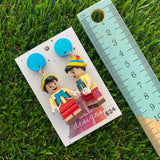 Puppet Boy Brick Character Dangle Earrings - Featuring a Glittery Blue Top!