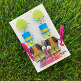 Cricket Brick Character Dangle Earrings - Featuring a Glittery Green Top and Umbrella Accessory!