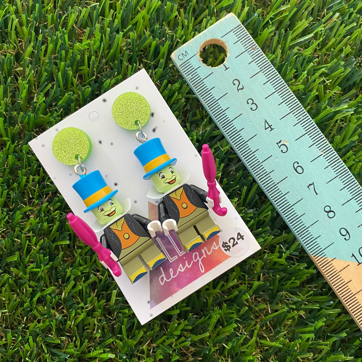 Cricket Brick Character Dangle Earrings - Featuring a Glittery Green Top and Umbrella Accessory!