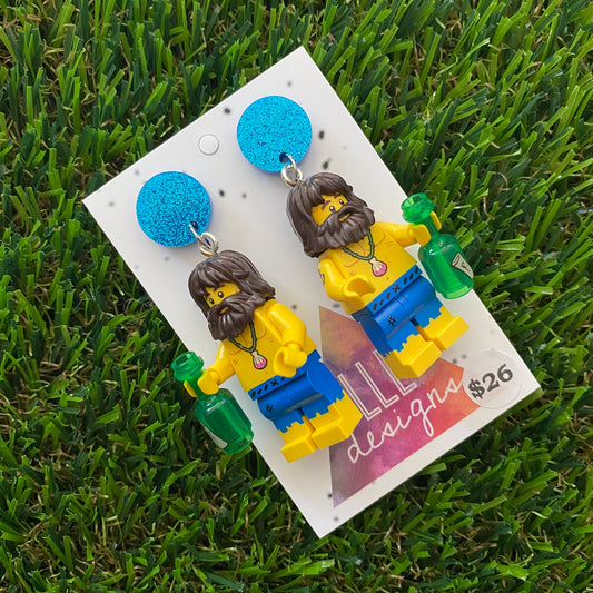 Sea Man Brick Character Dangle  Earrings - Featuring a Glittery Blue Top and Message in a Bottle Accessory!