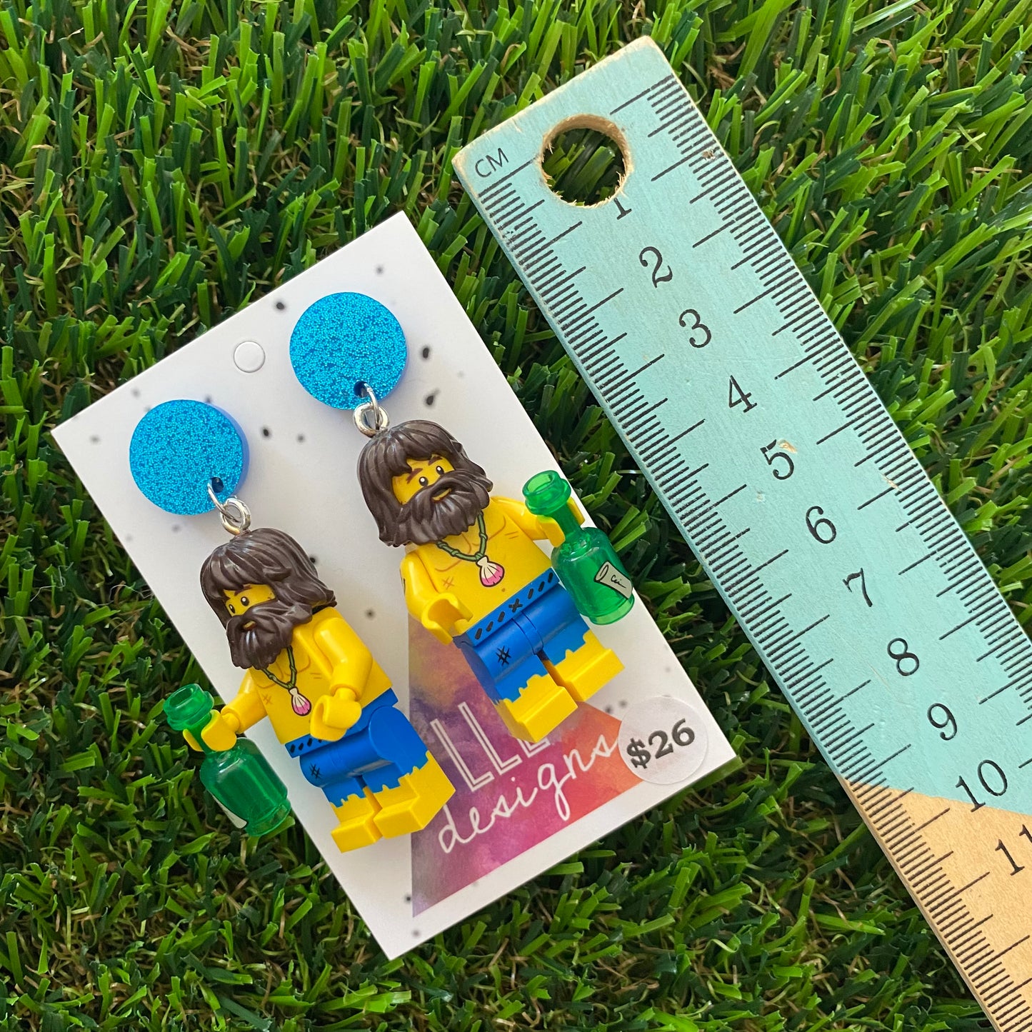 Sea Man Brick Character Dangle  Earrings - Featuring a Glittery Blue Top and Message in a Bottle Accessory!