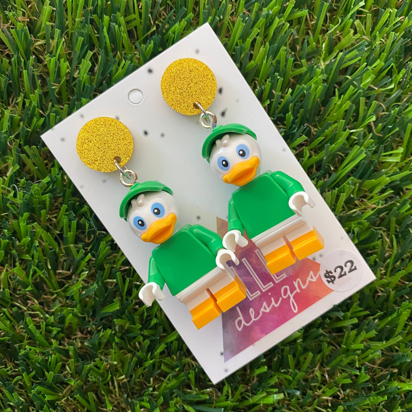 Green Hat Duck Boy Brick Character Dangle Earrings - Featuring a Glittery Yellow Top!