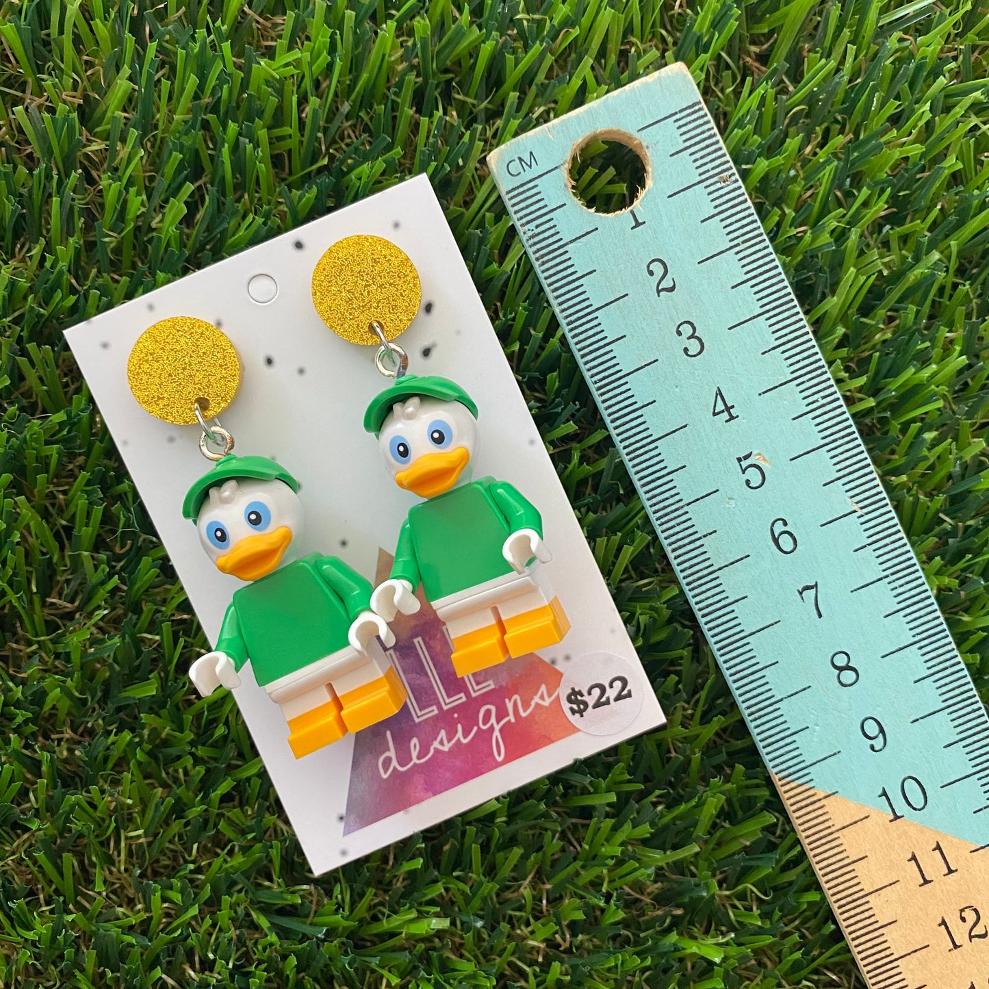 Green Hat Duck Boy Brick Character Dangle Earrings - Featuring a Glittery Yellow Top!