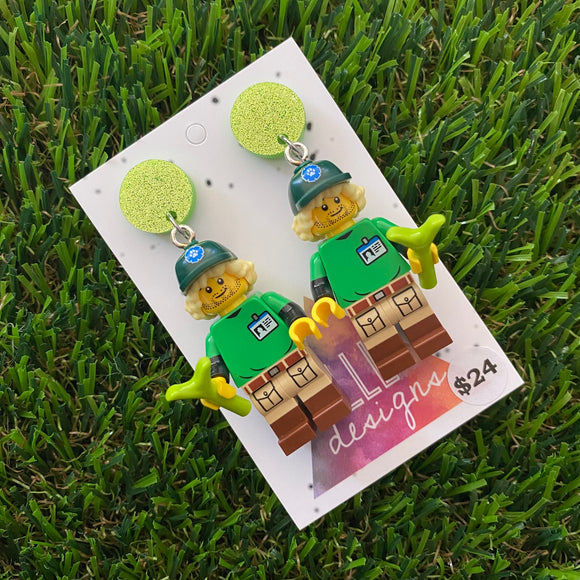 Wild Life Ranger Brick Character Dangle Earrings - Featuring a Glittery Green Top and Plant Accessory!