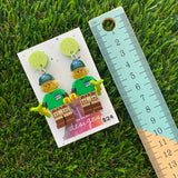 Wild Life Ranger Brick Character Dangle Earrings - Featuring a Glittery Green Top and Plant Accessory!