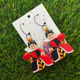 Red Queen Brick Character Hoop Dangle Earrings - Featuring a Black Hoop Top and Heart Scepter Accessory!