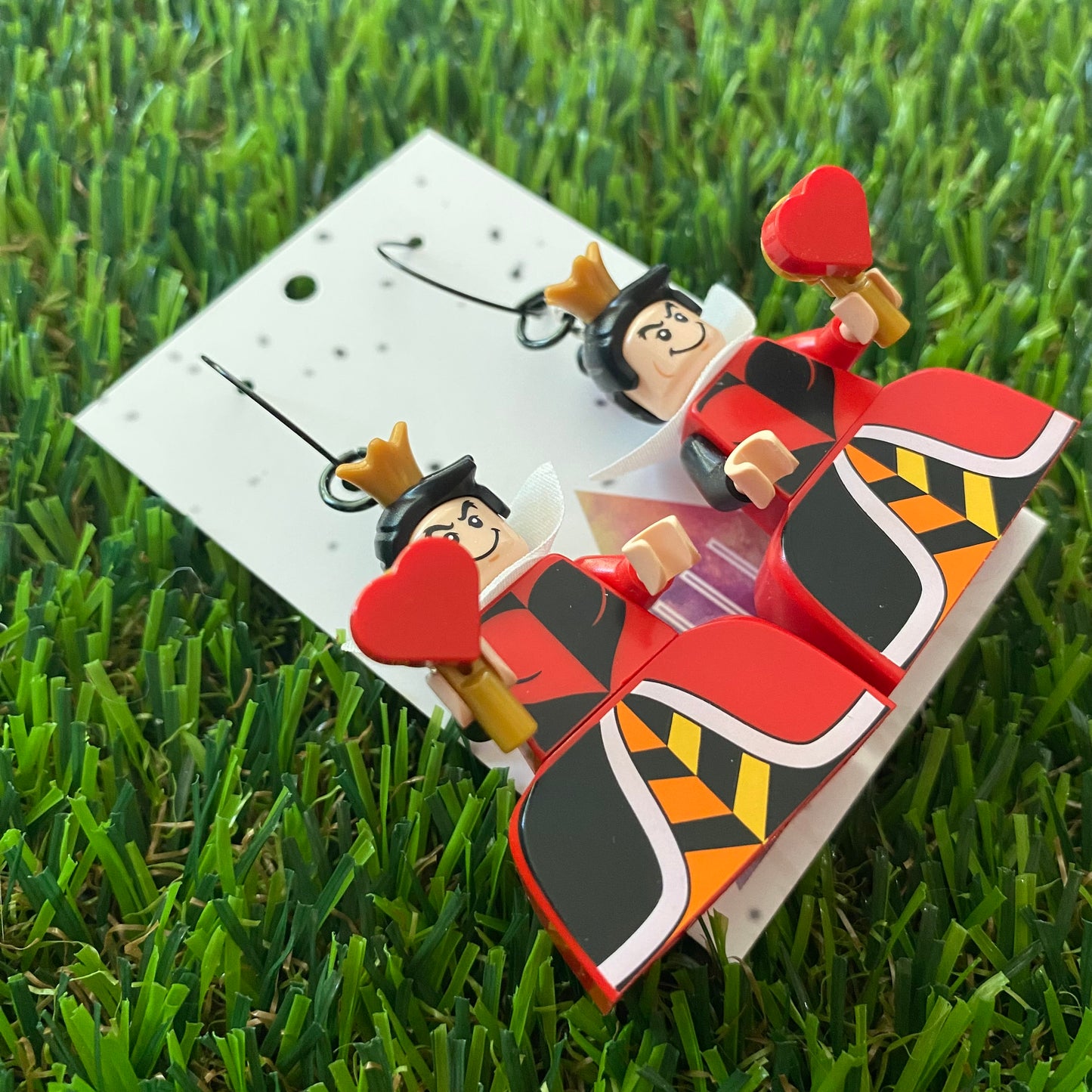 Red Queen Brick Character Hoop Dangle Earrings - Featuring a Black Hoop Top and Heart Scepter Accessory!