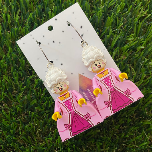 Pink Dress Great Dame Brick Character Hoop Dangle Earrings - Featuring a Silver Hoop Top!