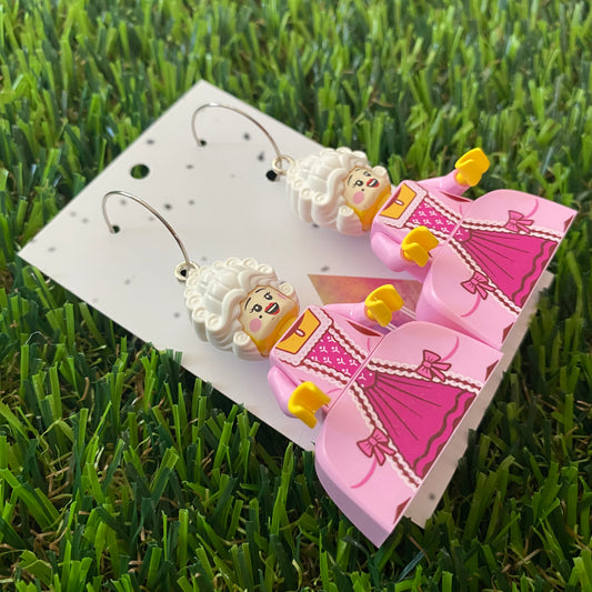 Pink Dress Great Dame Brick Character Hoop Dangle Earrings - Featuring a Silver Hoop Top!
