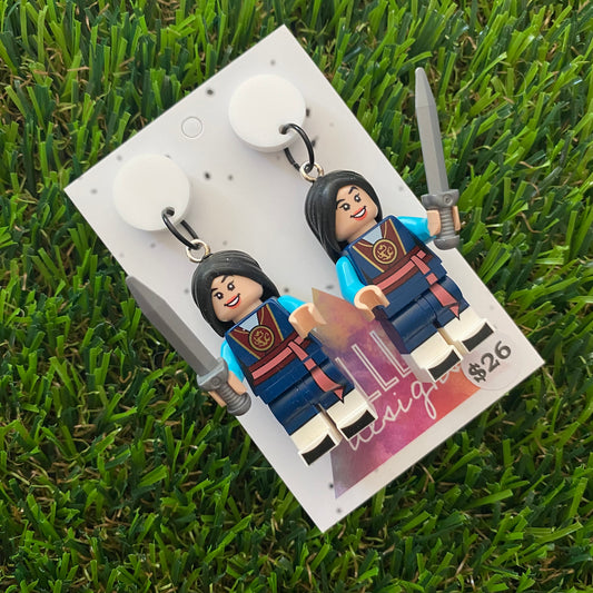 Female Sword Fighter Brick Character Dangle Earrings - Featuring a White Top and Sword Accessory!