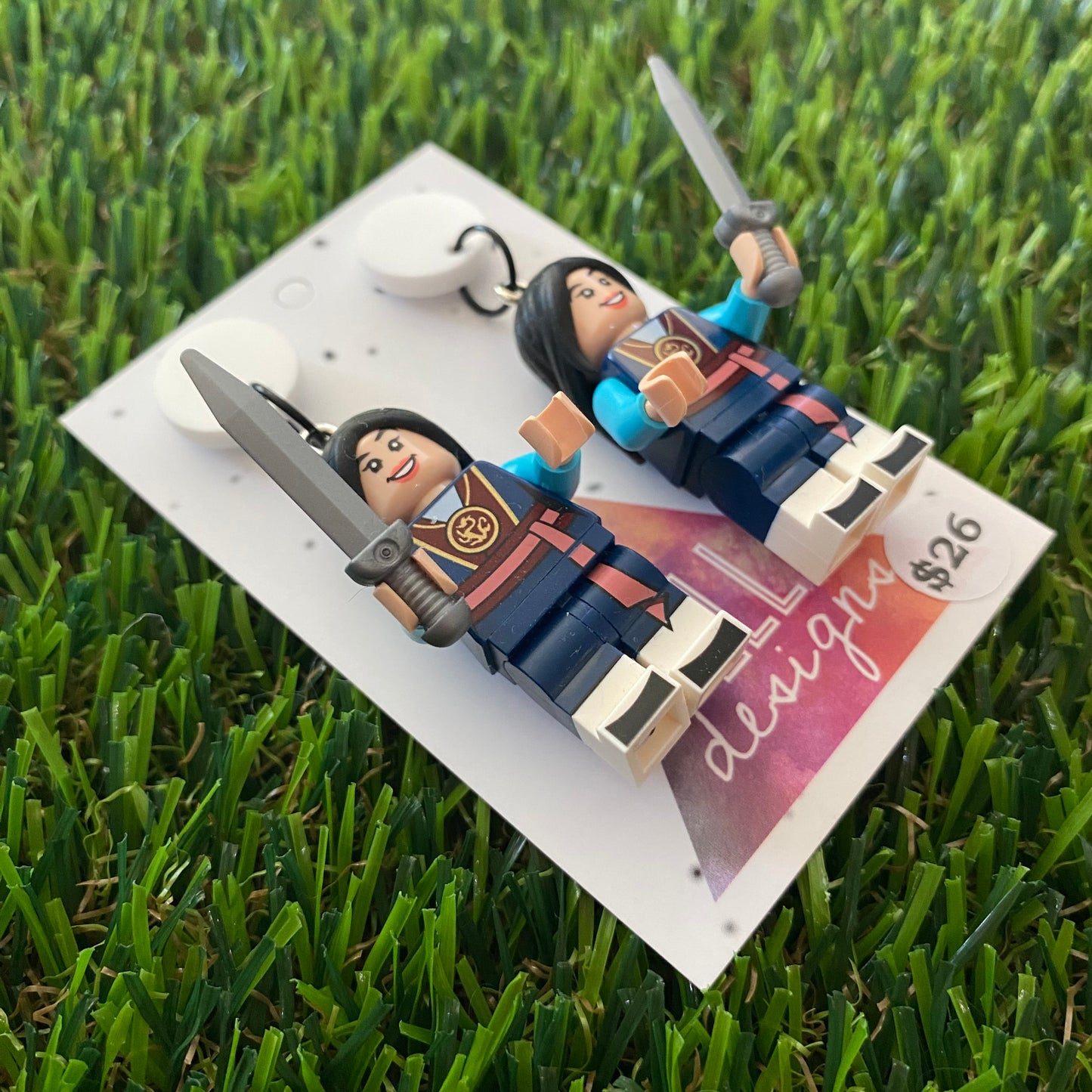 Female Sword Fighter Brick Character Dangle Earrings - Featuring a White Top and Sword Accessory!