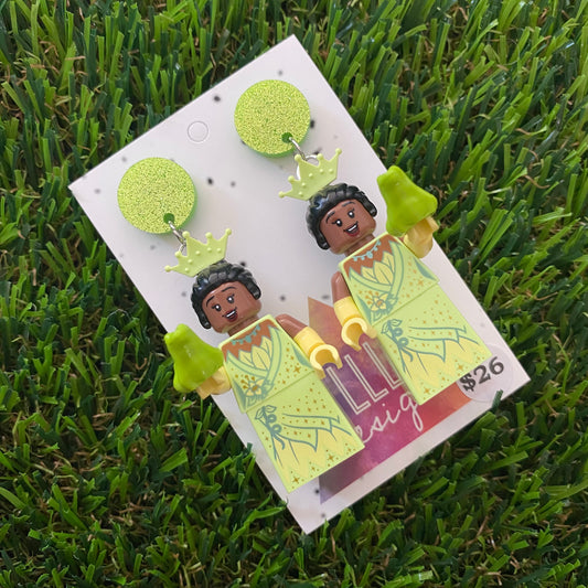 Green Dress Princess Brick Character Dangle Earrings - Featuring a Glittery Green Top and Frog Accessory!