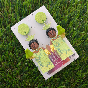 Green Dress Princess Brick Character Dangle Earrings - Featuring a Glittery Green Top and Frog Accessory!